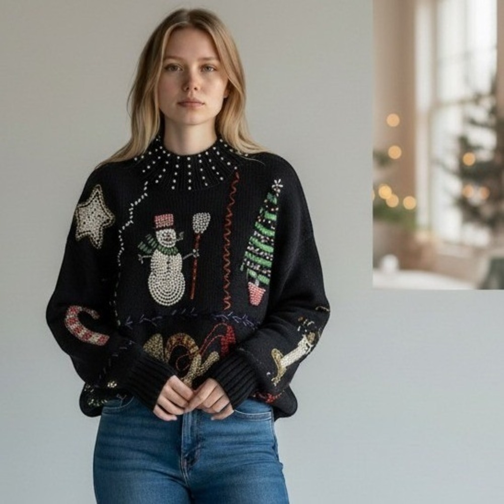 Vtg Victoria Jones Black Beaded Christmas Sweater Unique Mock Neck Festive Med